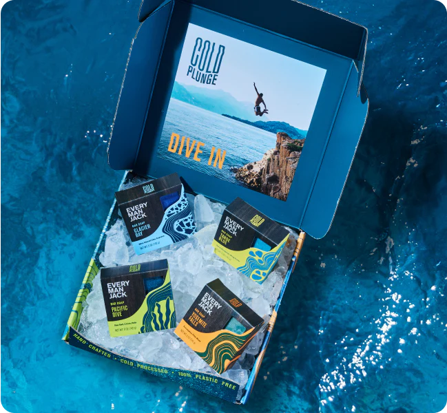 Cold Plunge bar soap gift box with four soaps: Every Jack, Bergamot, Mint, and Eucalyptus, on ice with a scenic background