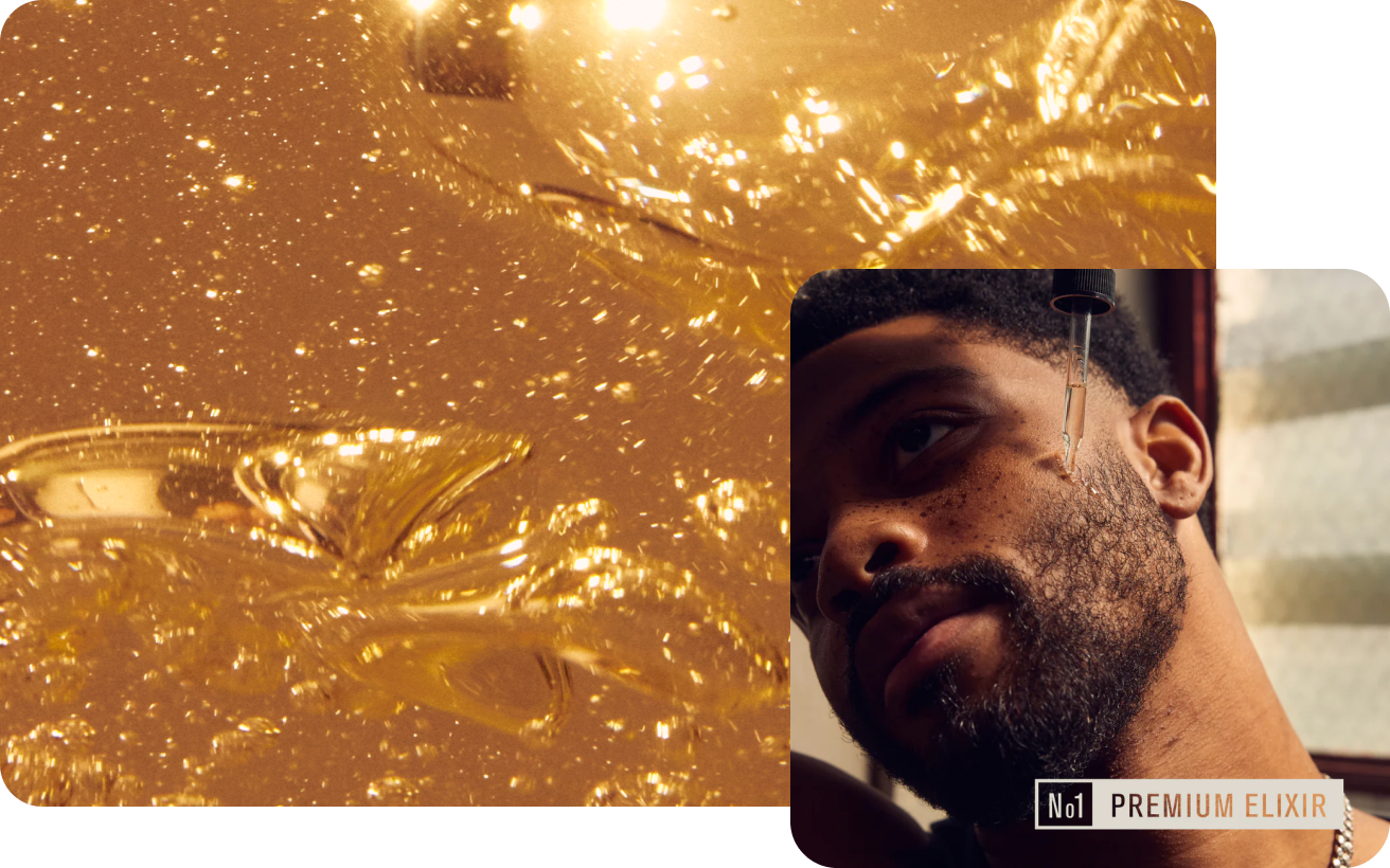 A man applying a premium elixir to his beard, with a close-up of the product.