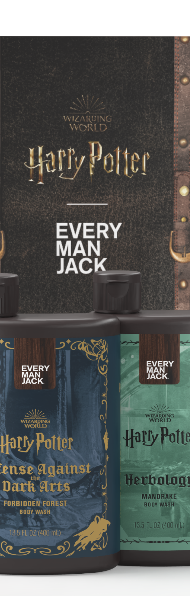 Harry Potter Body Wash Collector's Set featuring four bottles labeled Charms, Defense Against Dark Arts, Herbology, and Potions.