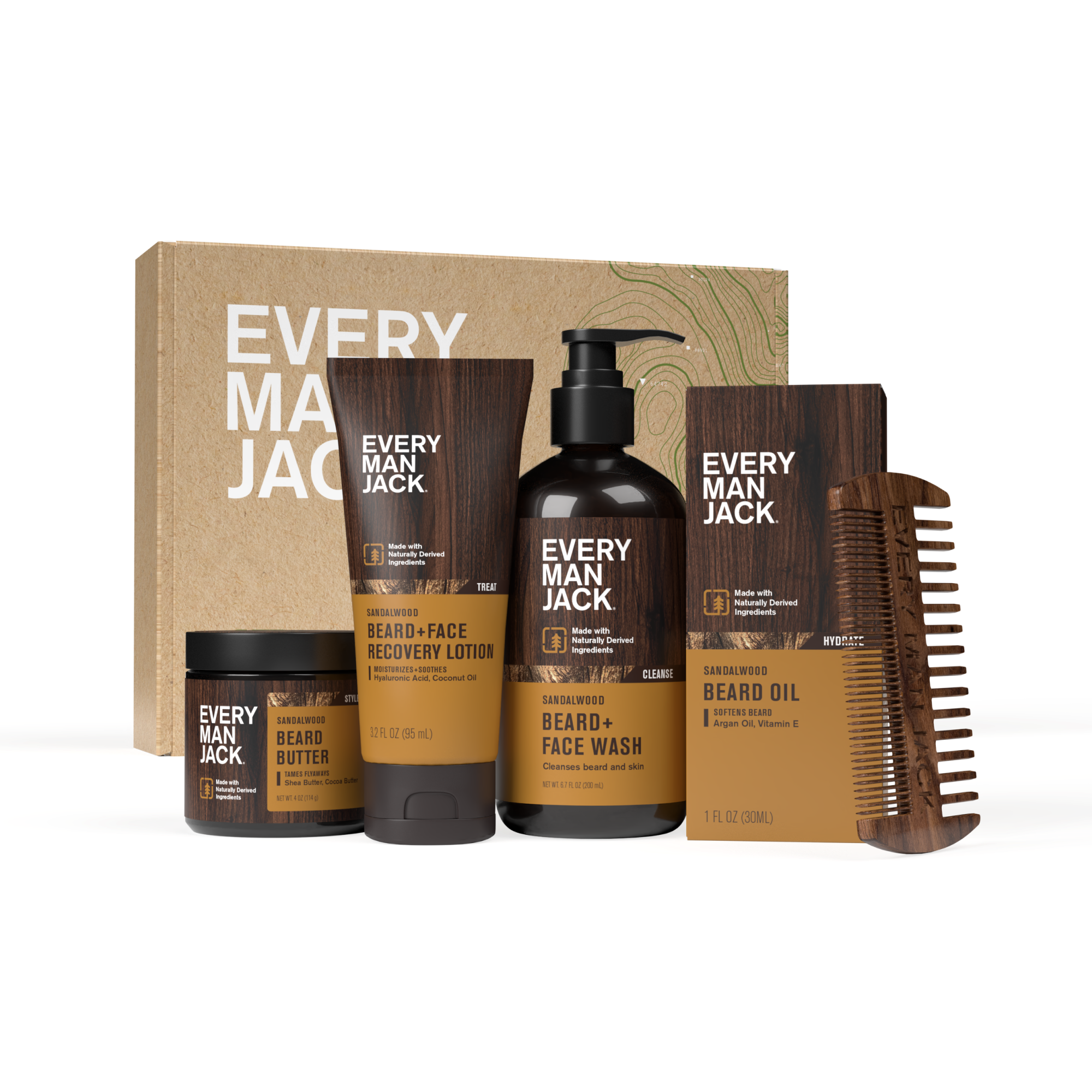 Beard Gift Set including beard butter, beard oil, beard wash, and recovery lotion in a box.