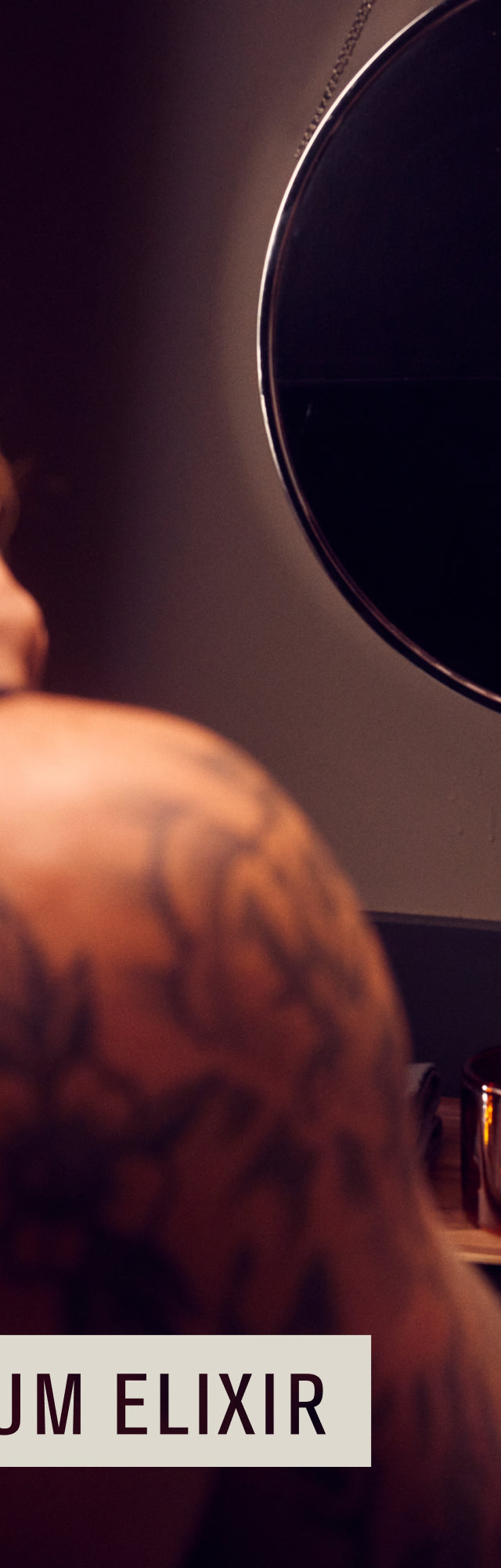 A man applying beard oil in front of a mirror, labeled 'No1 PREMIUM ELIXIR'