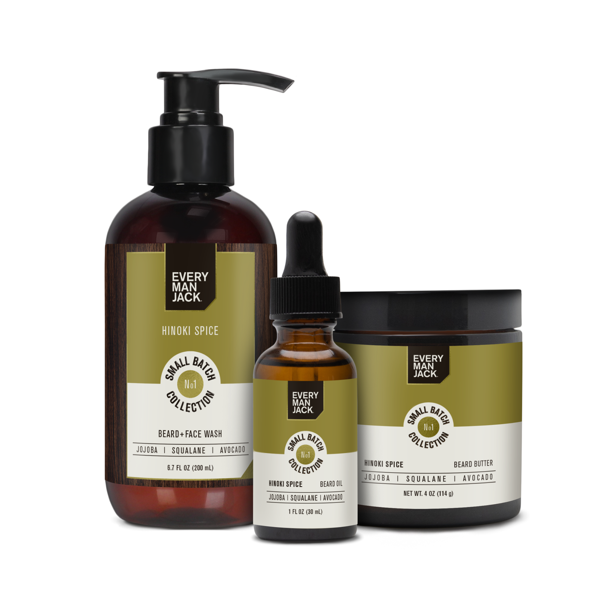 Hinoki Spice Beard-Face Wash, Beard Oil, and Beard Butter in Small Batch Beard Collection Bundle
