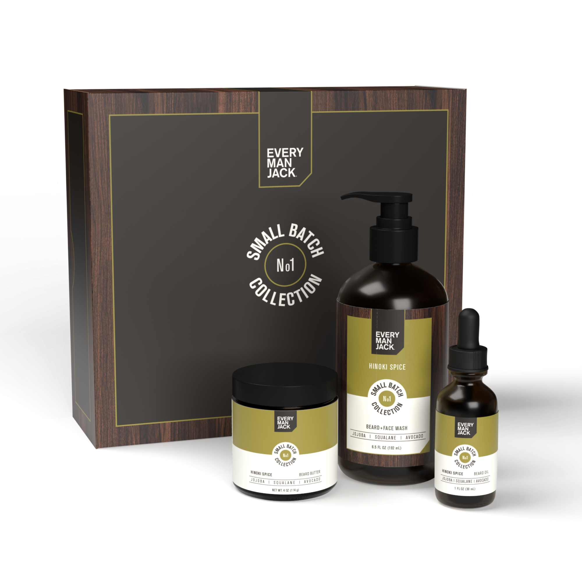 Small Batch Collection featuring Hinoki Spice products: body wash, beard oil, and cream.