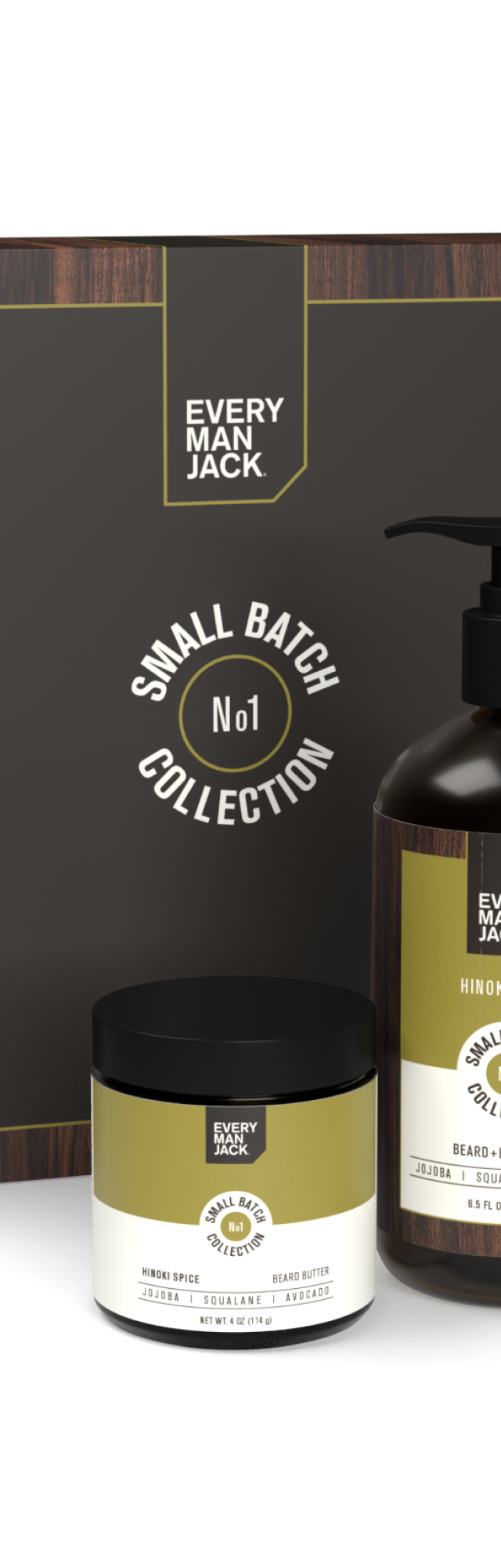 Small Batch Collection featuring Hinoki Spice products: body wash, beard oil, and cream.