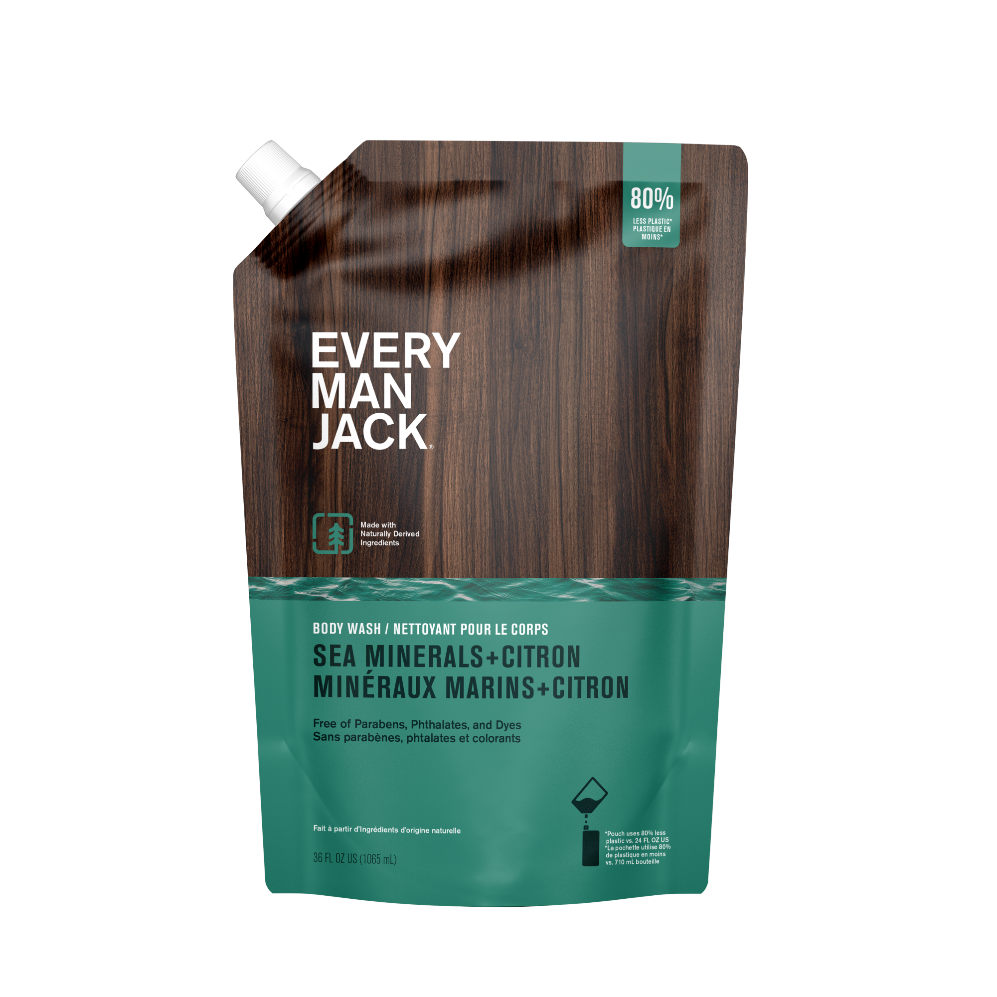 Every Man Jack Sea Minerals + Citron Body Wash packaging, featuring a green pouch with wooden accents.