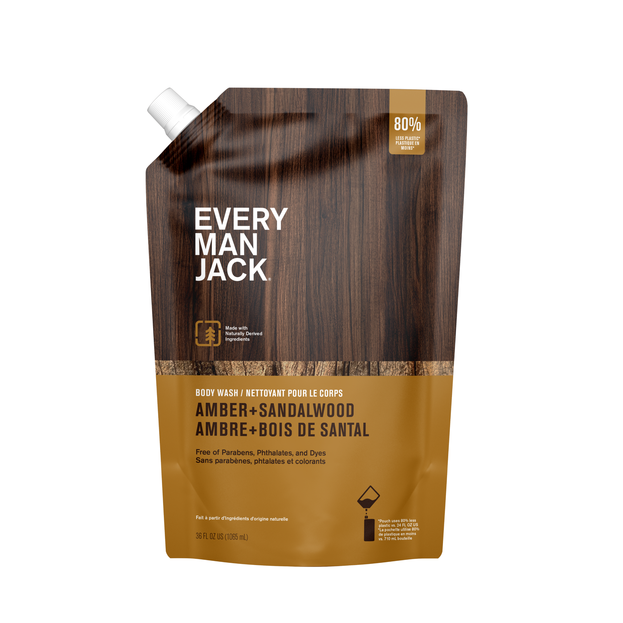 Amber + Sandalwood Body Wash packaging featuring a brown pouch with product details.