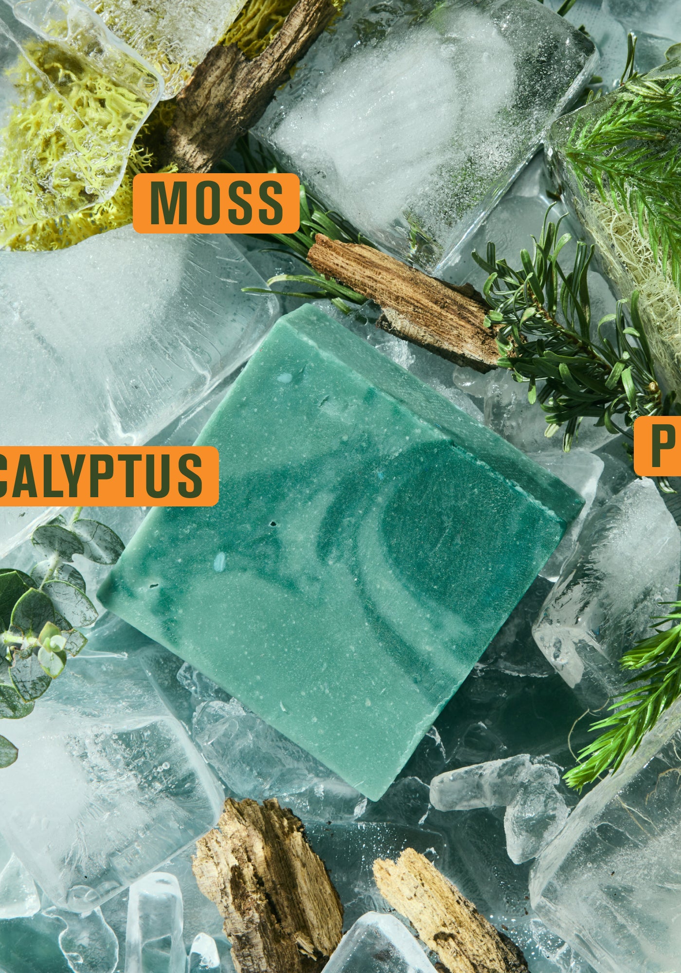 Yosemite Falls bar soap on ice with text: Moss, Eucalyptus, Pine