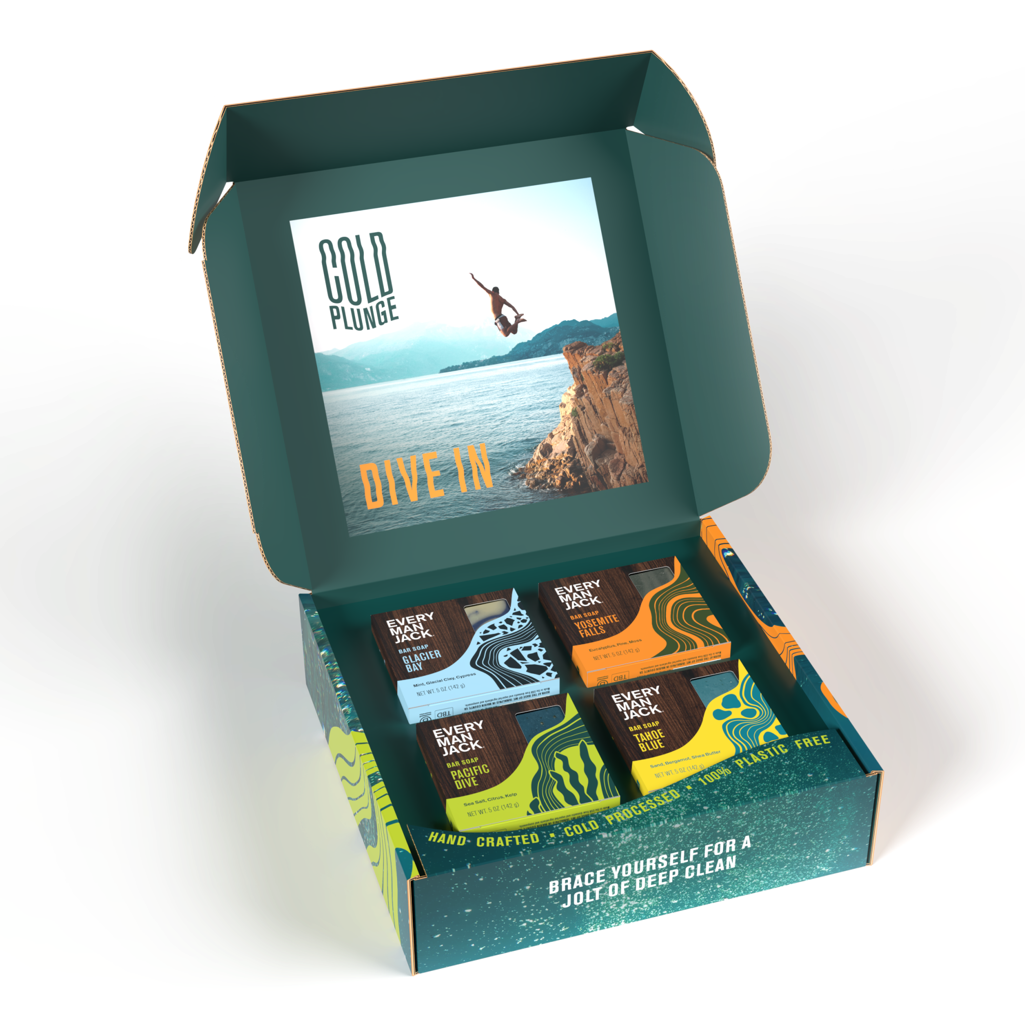 Cold Plunge Kit packaging with four products inside, featuring the text 'DIVE IN' and 'EMBRACE YOURSELF FOR A DEEP CLEAN.'