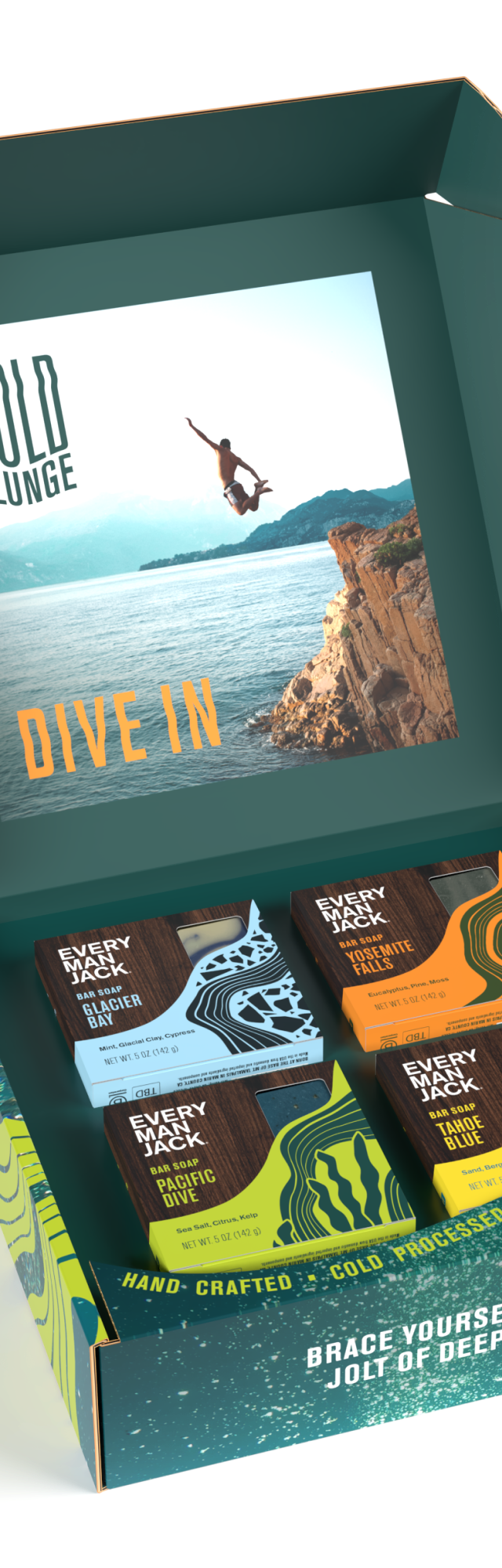 Cold Plunge Kit packaging with four products inside, featuring the text 'DIVE IN' and 'EMBRACE YOURSELF FOR A DEEP CLEAN.'