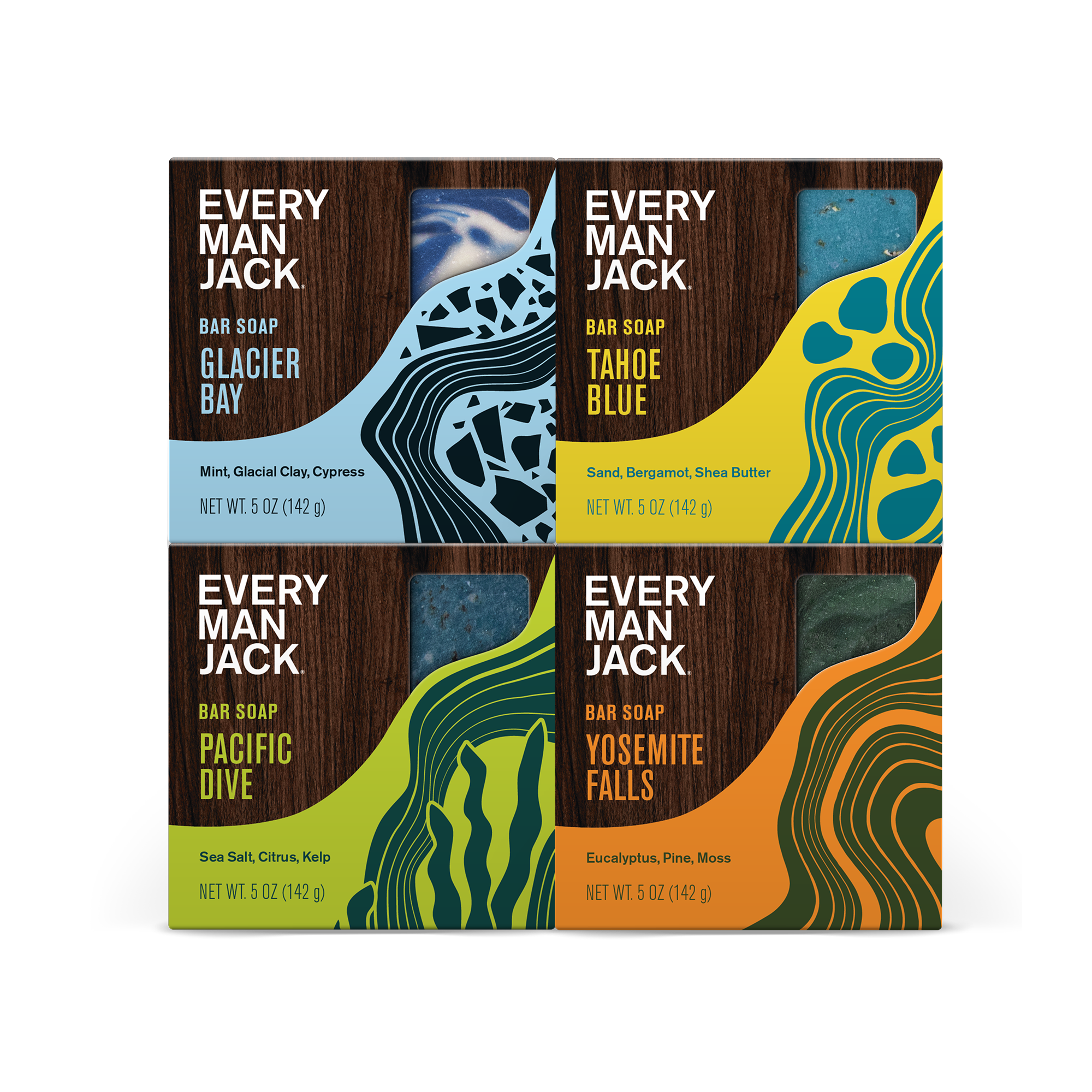 Cold Plunge Kit featuring Glacier Bay, Tahoe Blue, Pacific Dive, and Yosemite Falls bar soaps