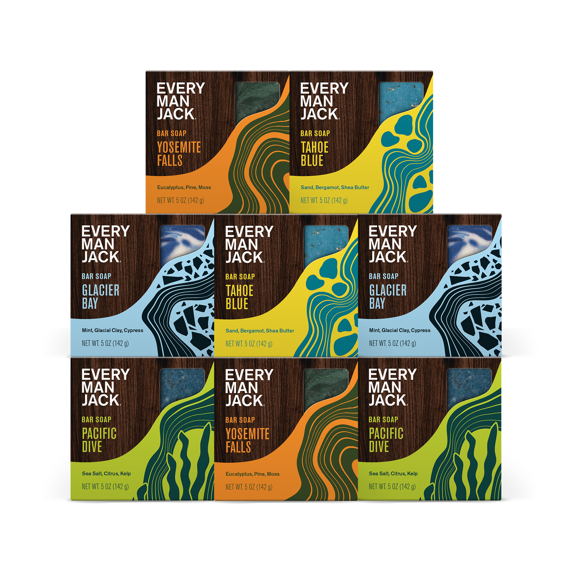 Cold Plunge Kit 8 Pack featuring Yosemite Falls, Tahoe Blue, Glacier Bay, and Pacific Dive bar soaps with scents of Eucalyptus, Sand, Cypress, Mint, and Sea Salt.