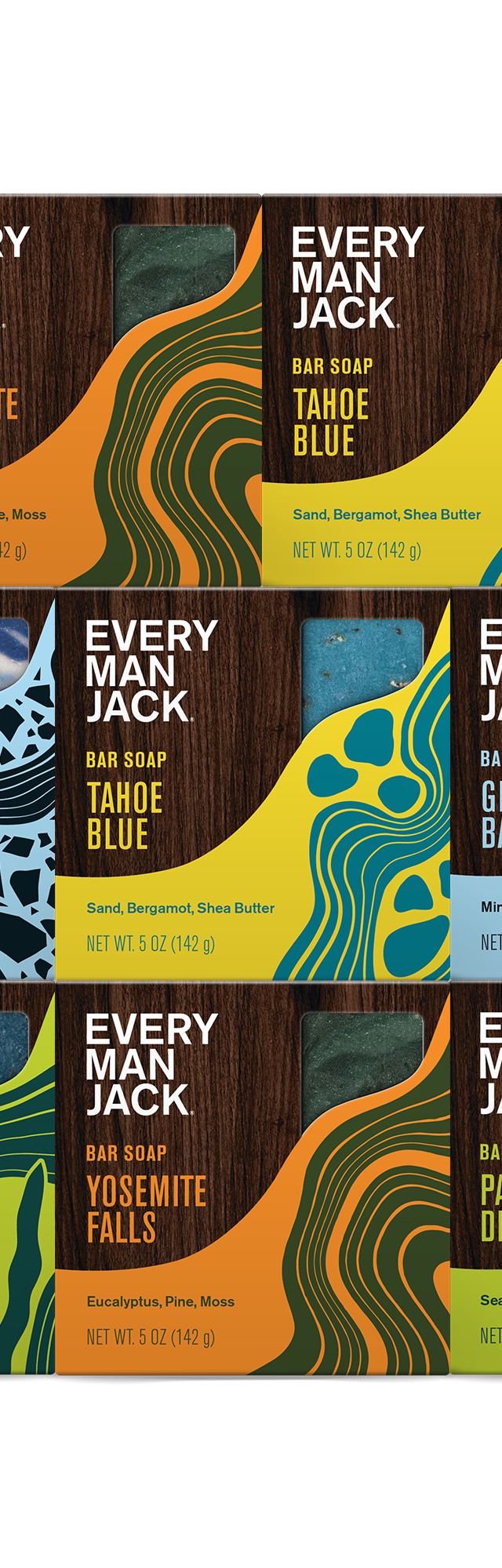 Cold Plunge Kit 8 Pack featuring Yosemite Falls, Tahoe Blue, Glacier Bay, and Pacific Dive bar soaps with scents of Eucalyptus, Sand, Cypress, Mint, and Sea Salt.