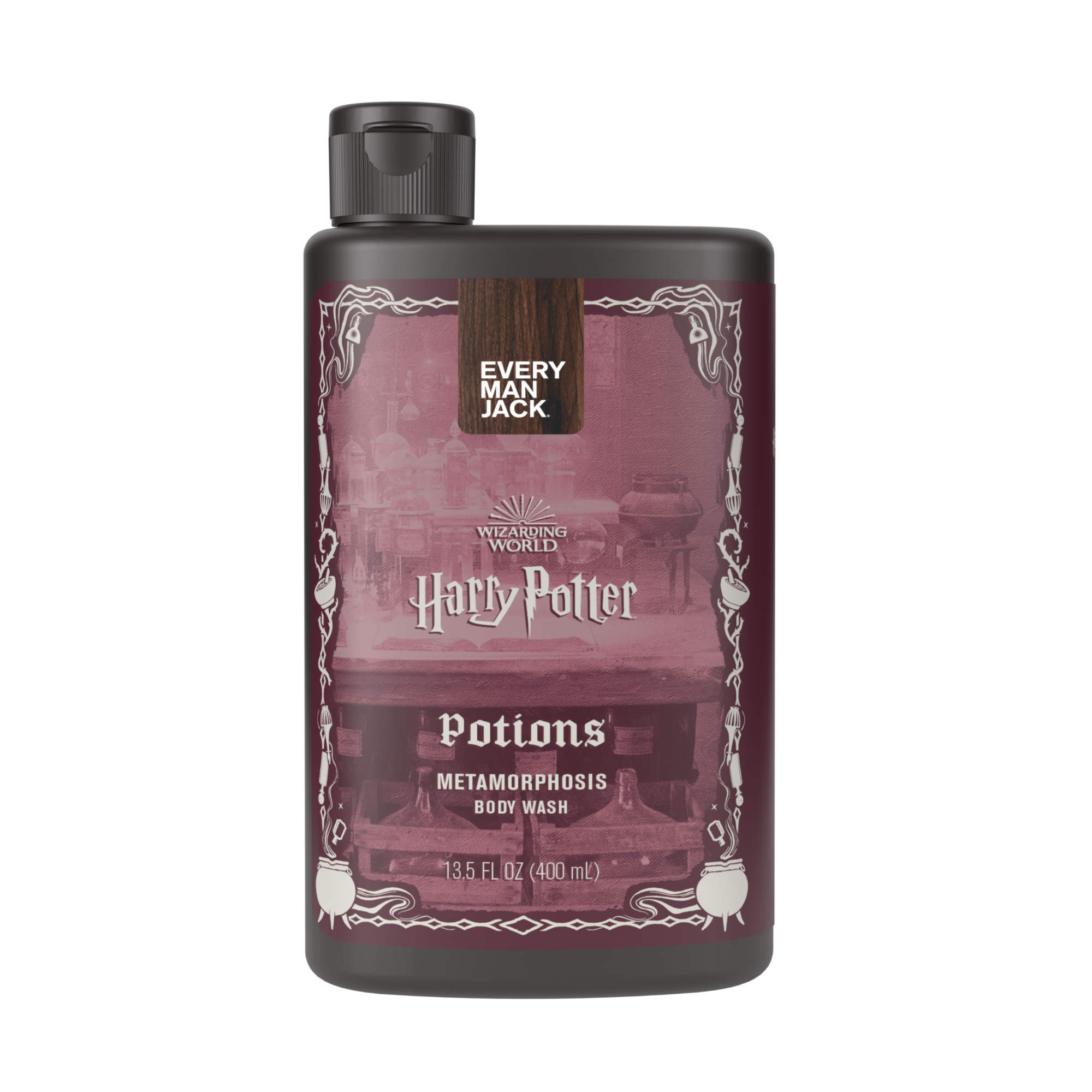 Harry Potter Potions Metamorphosis Body Wash bottle with a dark design and potion imagery.