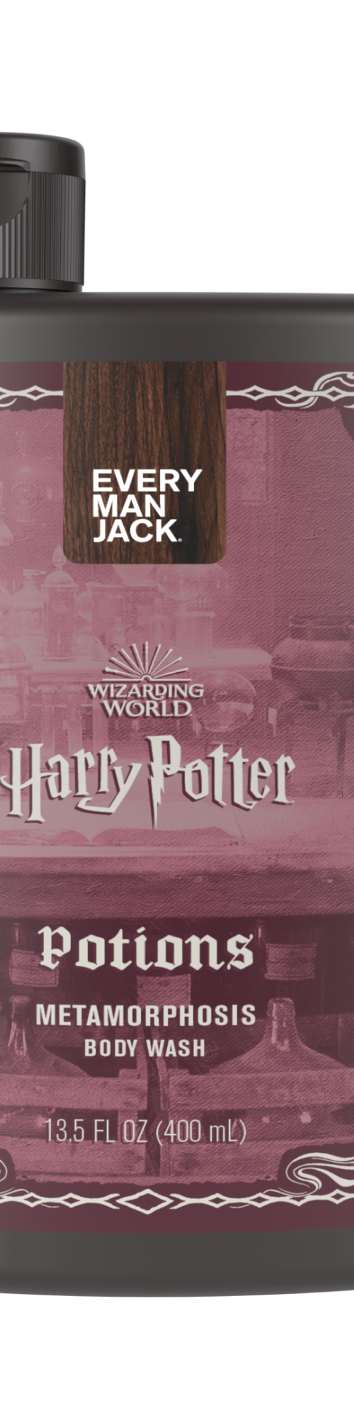 Harry Potter Potions Metamorphosis Body Wash bottle with a dark design and potion imagery.