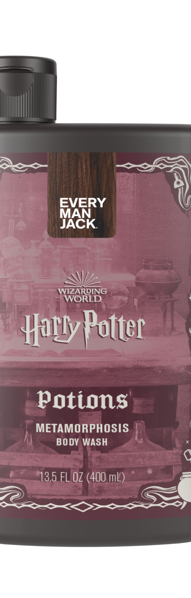 Harry Potter Potions Metamorphosis Body Wash bottle with a dark design and potion imagery.