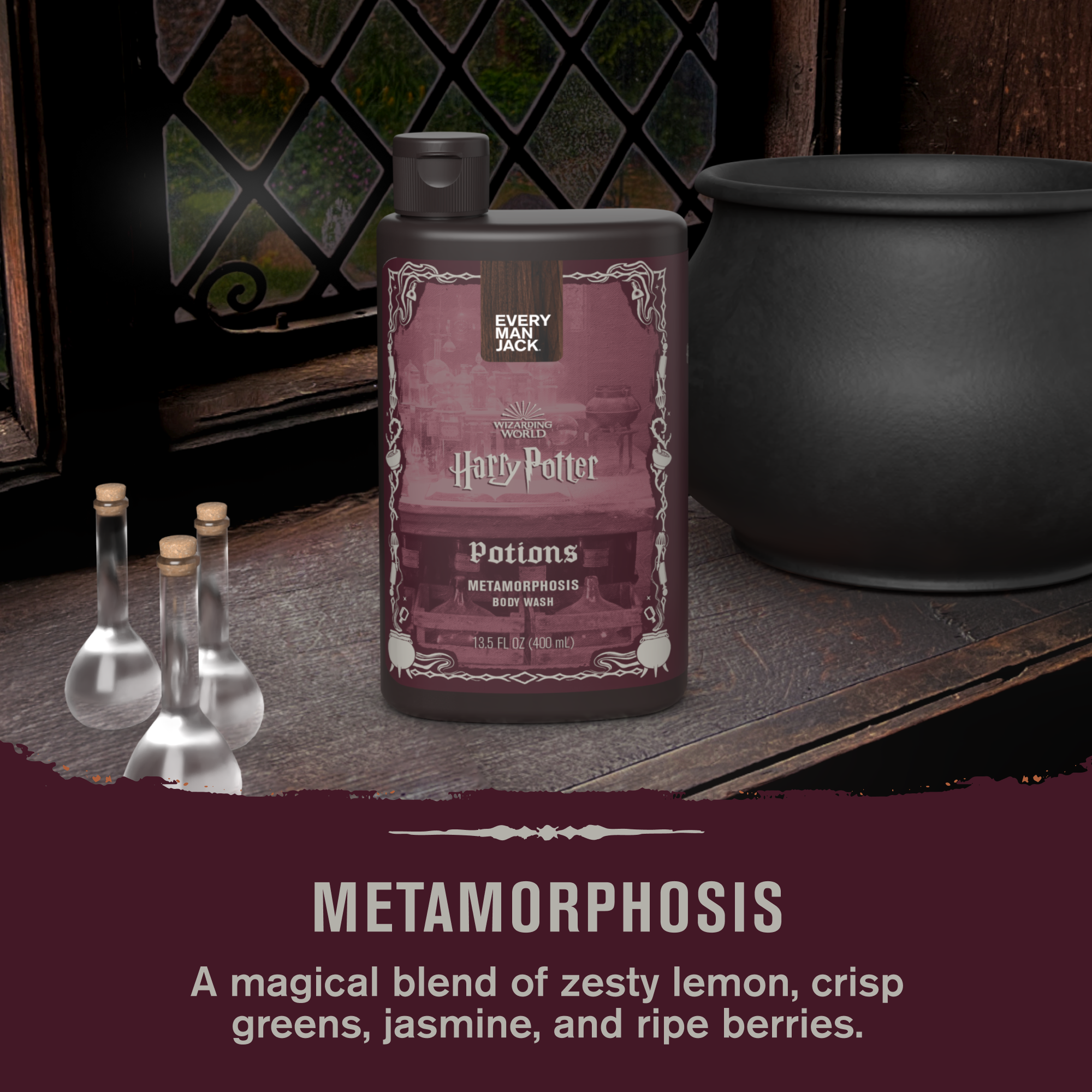 Metamorphosis (878639014497) Harry Potter Body Wash Metamorphosis bottle with text: 'A magical blend of zesty lemon, crisp greens, and ripe berries.'
