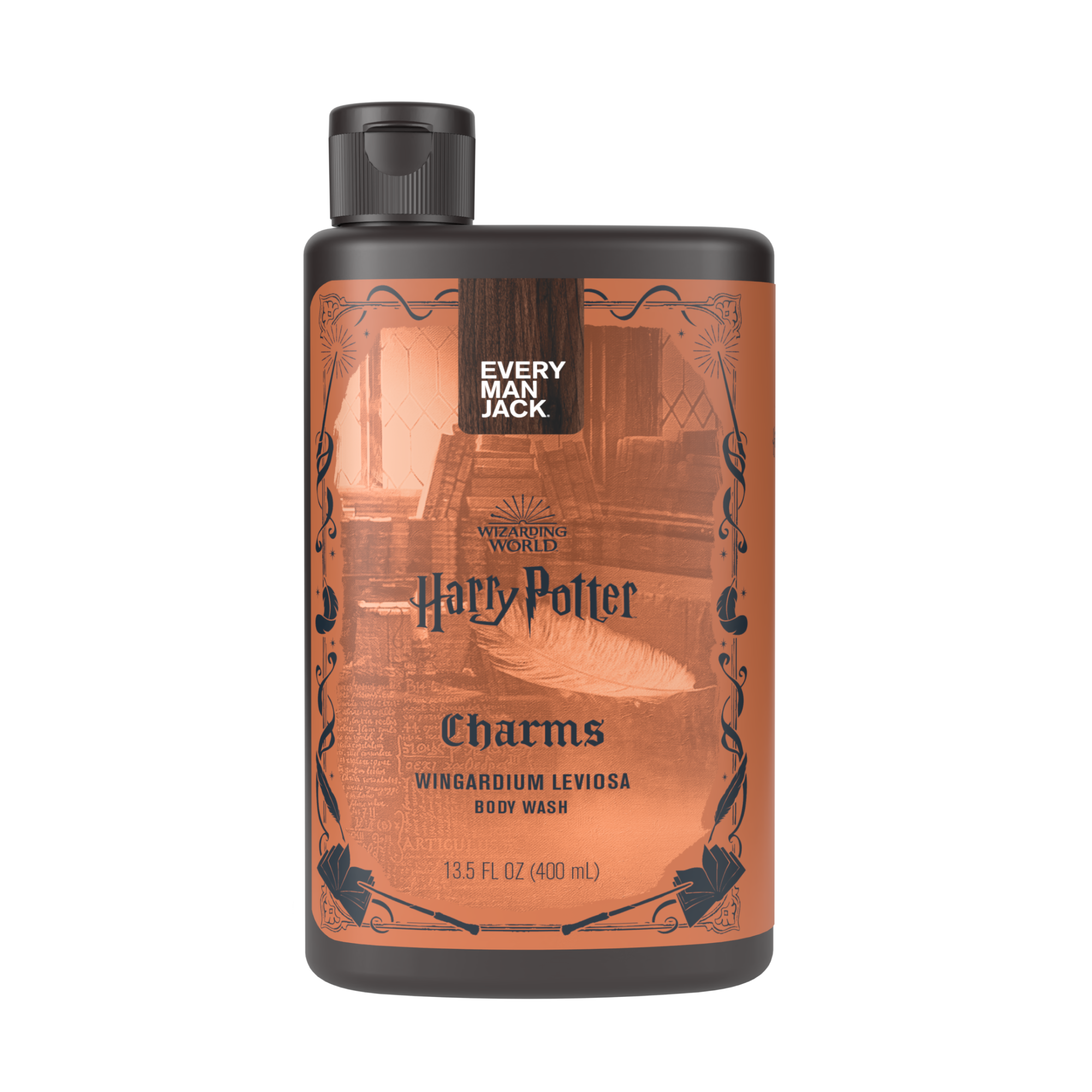 Wingardium Leviosa body wash bottle with a charm theme, 13.5 fl oz.