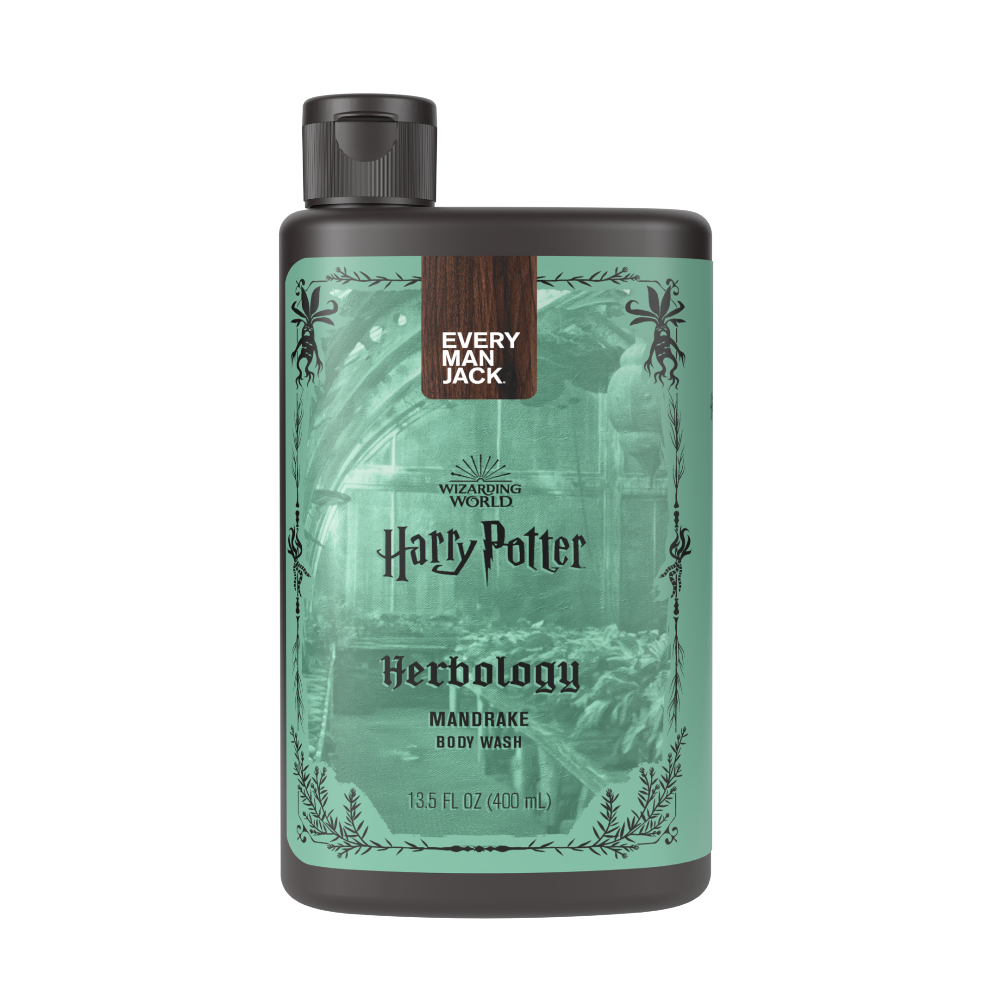 Harry Potter Herbology Mandrake Body Wash bottle, 13.5 fl oz, featuring a green design with Hogwarts imagery.