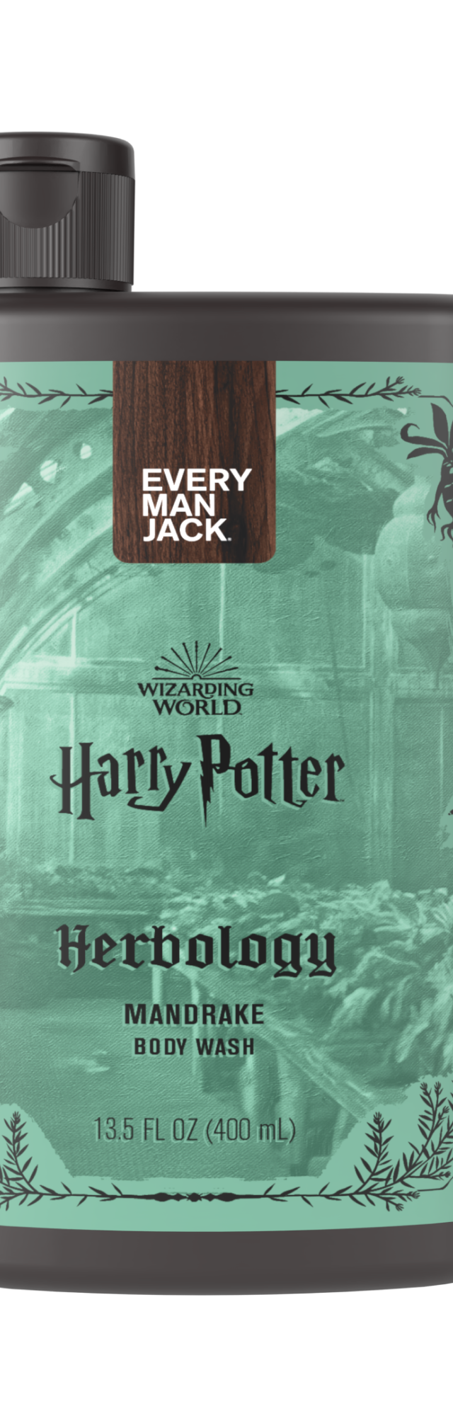 Harry Potter Herbology Mandrake Body Wash bottle, 13.5 fl oz, featuring a green design with Hogwarts imagery.