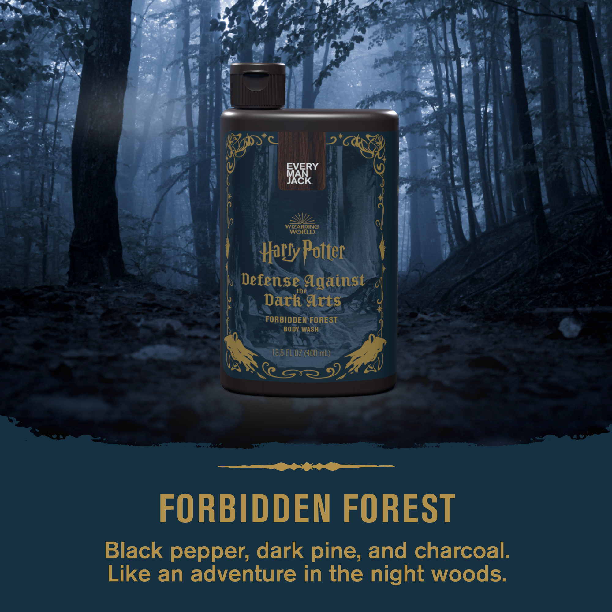 Harry Potter Body Wash - Forbidden Forest: Black pepper, dark pine, and charcoal scent.