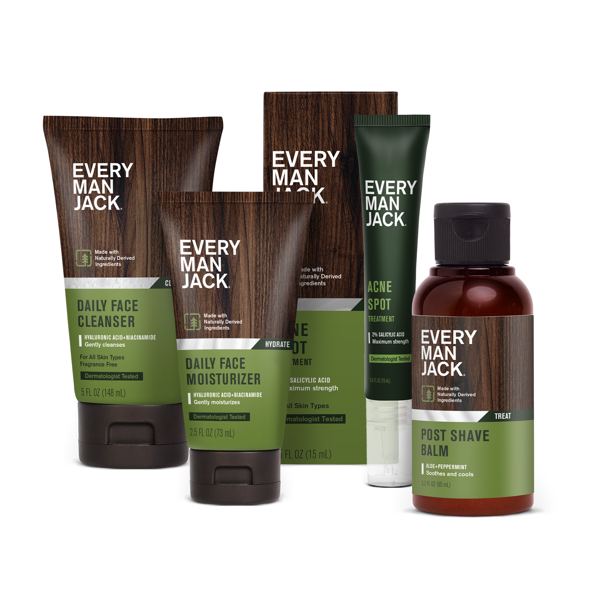 Every Man Jack skincare bundle including Daily Face Cleanser, Daily Face Moisturizer, Acne Spot Treatment, Post Shave Balm.