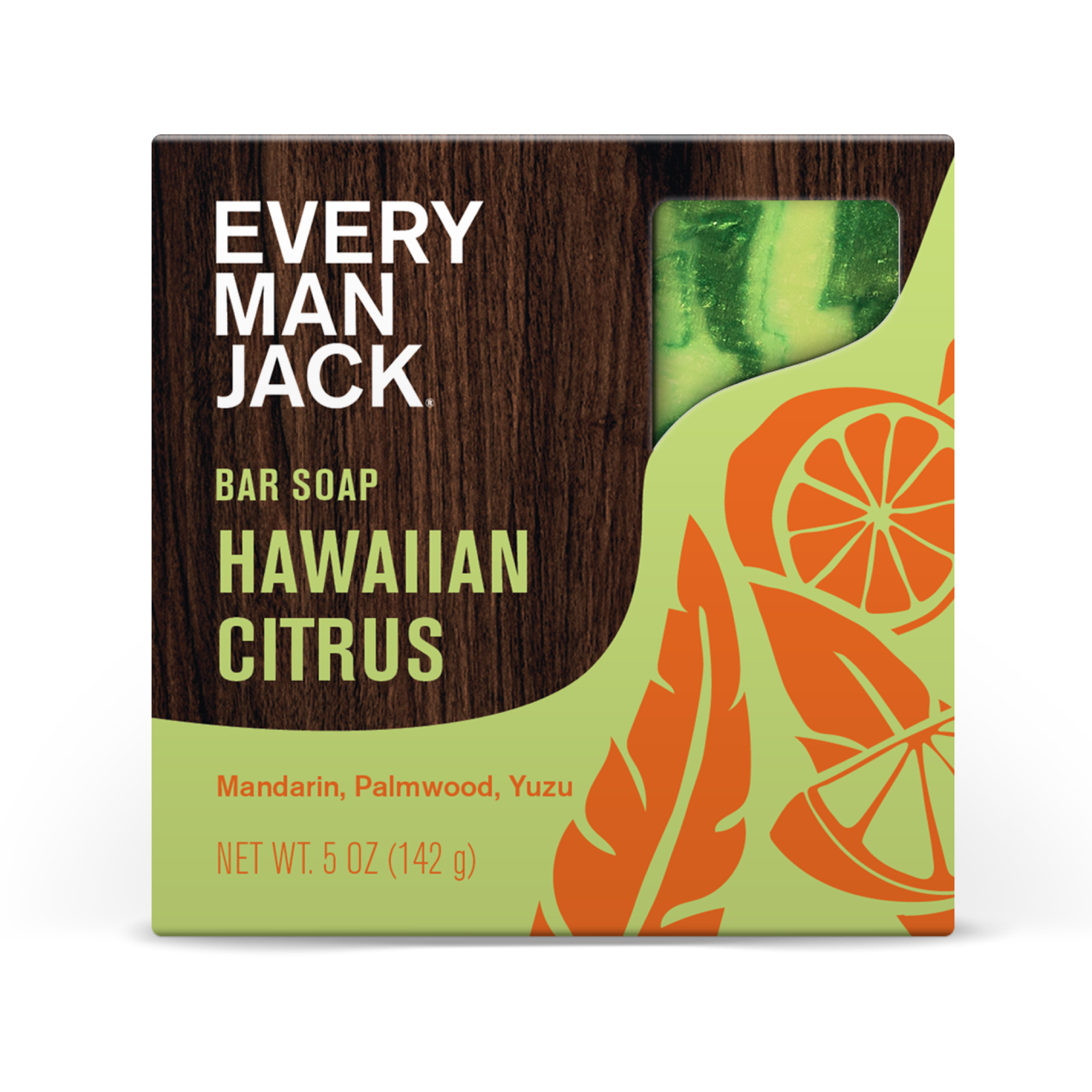 Hawaiian Citrus / Standard Bar soap packaging for Hawaiian Citrus with Mandarin, Palmwood, and Yuzu ingredients.