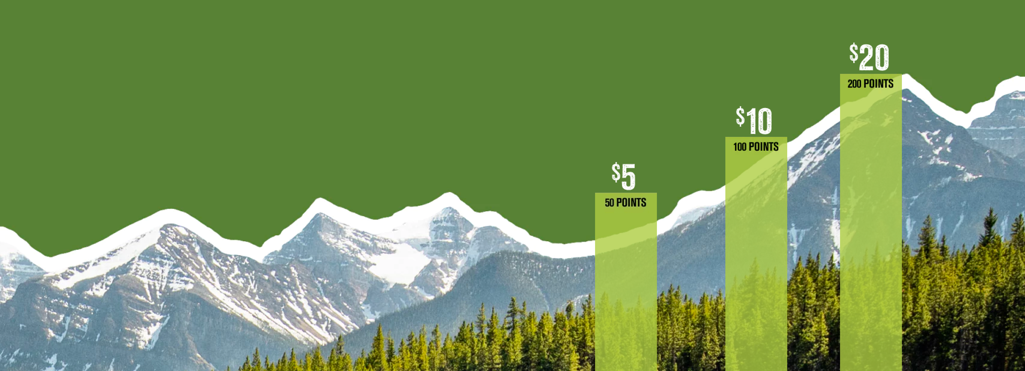 Mountain landscape with rewards structure: $5 for 50 points, $10 for 100 points, $20 for 200 points.