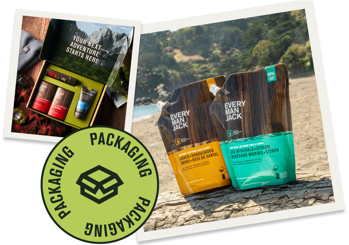 Packaging for Every Man Jack products including shampoo and body wash with text: 'Your Next Adventure Starts Here' and 'Packaging'