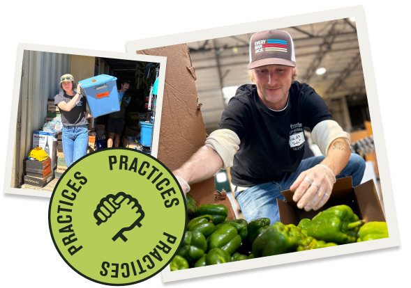 Two volunteers sorting food donations, one carrying a box and the other packing items. Practices logo included.