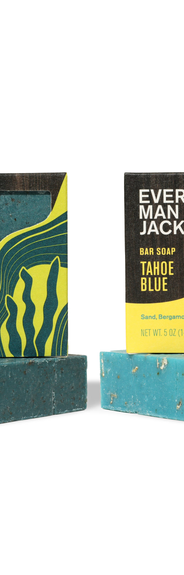 Cold Plunge Bar Soap 2 Pack Bundle featuring Pacific Dive and Tahoe Blue, 5 oz each, with sea salt, citrus, kelp, sand, bergamot, and shea butter ingredients listed on packaging.