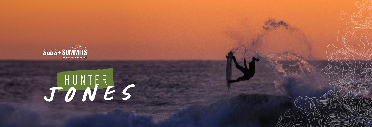 Hunter Jones surfing at sunset with text overlay: 'HUNTER JONES'