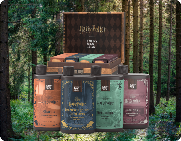 Harry Potter body wash set featuring Charms, Defense Against Dark Arts, Herbology, and Potions in a decorative box.