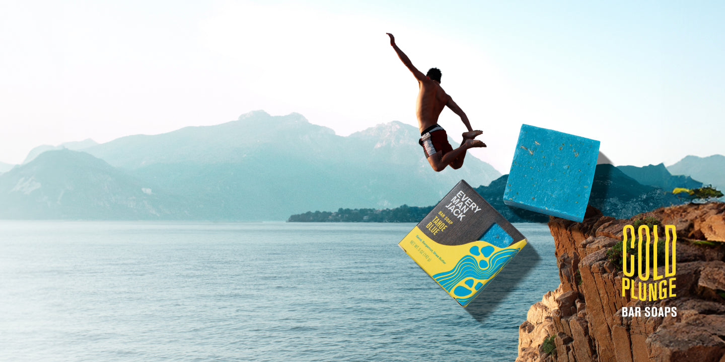 A person jumping into water with Cold Plunge bar soaps displayed.