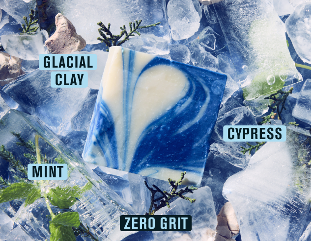 Cold Plunge bar soap with Glacial Clay, Cypress, Mint, and Zero Grit on ice.