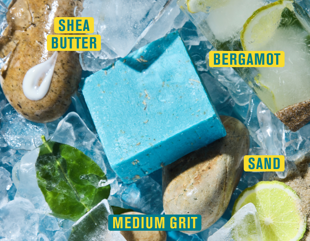 Cold Plunge bar soap with ingredients: Shea Butter, Bergamot, Sand, Medium Grit