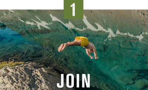 A person diving into clear water with the text 'JOIN' below.