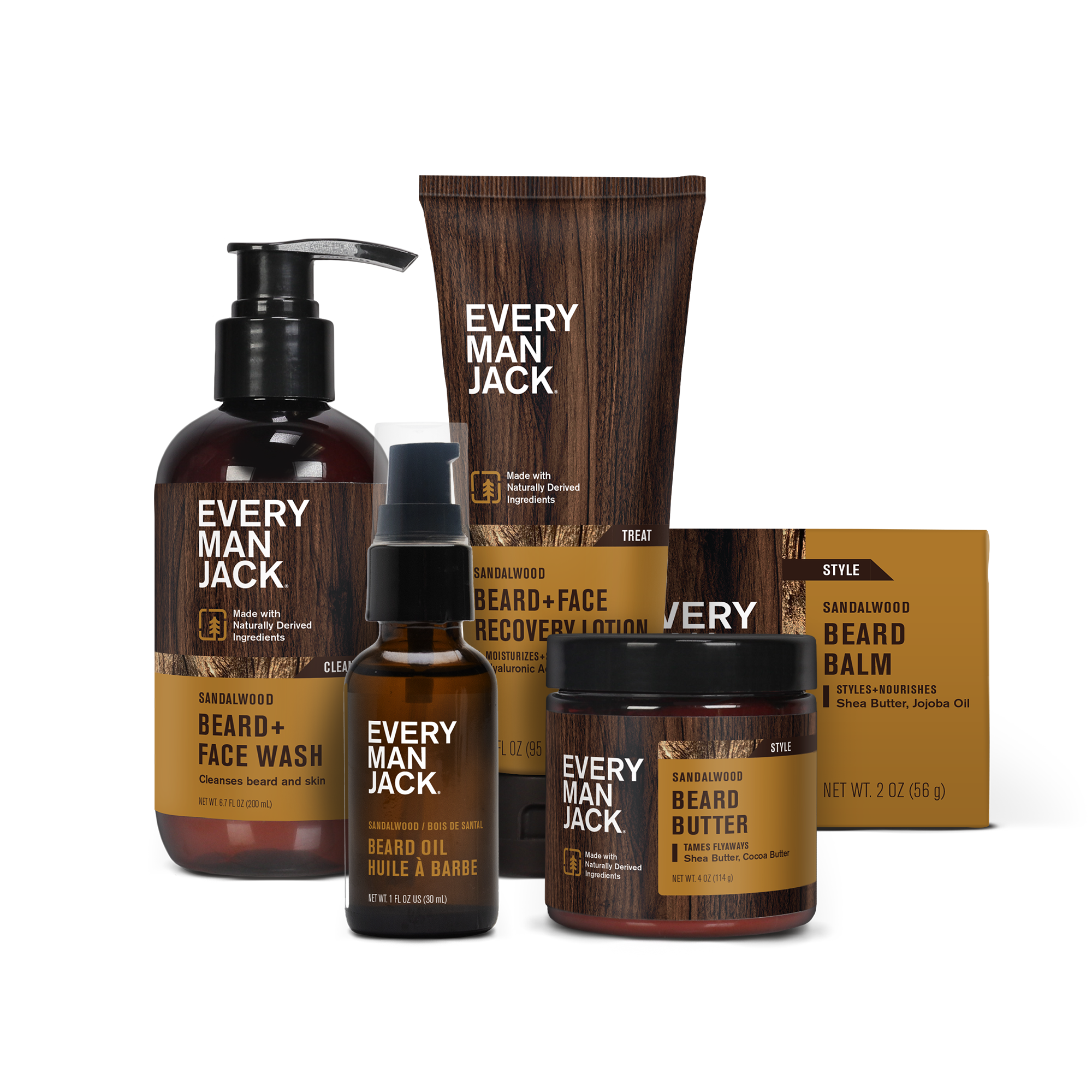 Sandalwood Beard Care Bundle including beard wash, recovery lotion, oil, balm, and butter.