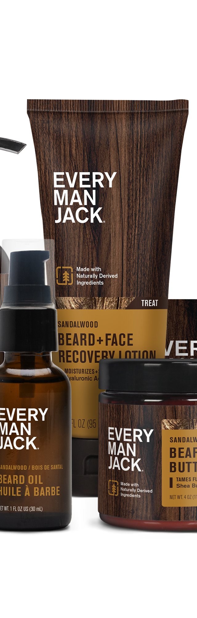 Sandalwood Beard Care Bundle including beard wash, recovery lotion, oil, balm, and butter.