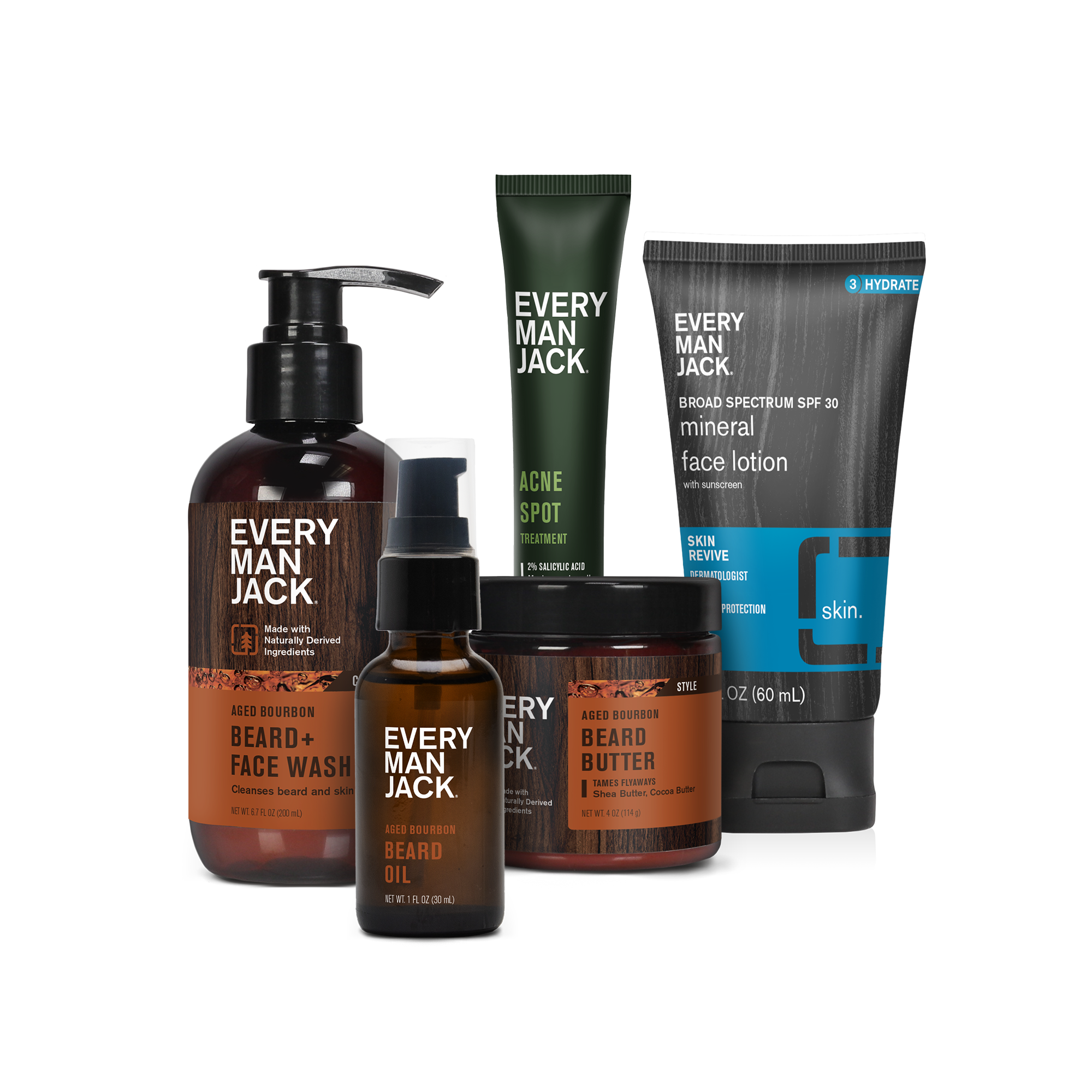 Aged Bourbon grooming products including beard wash, oil, butter, and face lotion.