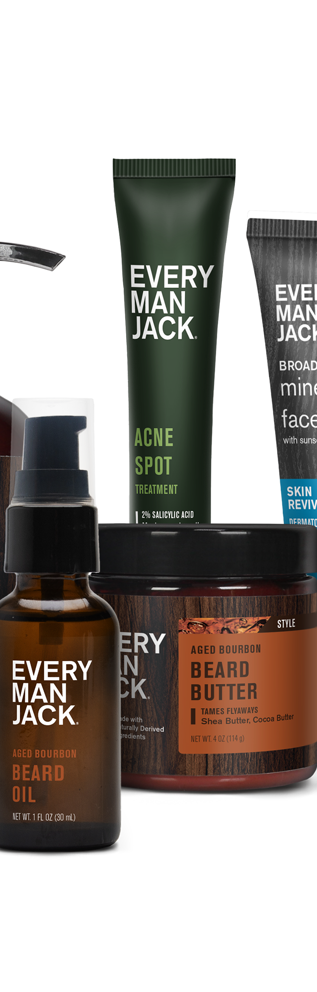 Aged Bourbon grooming products including beard wash, oil, butter, and face lotion.