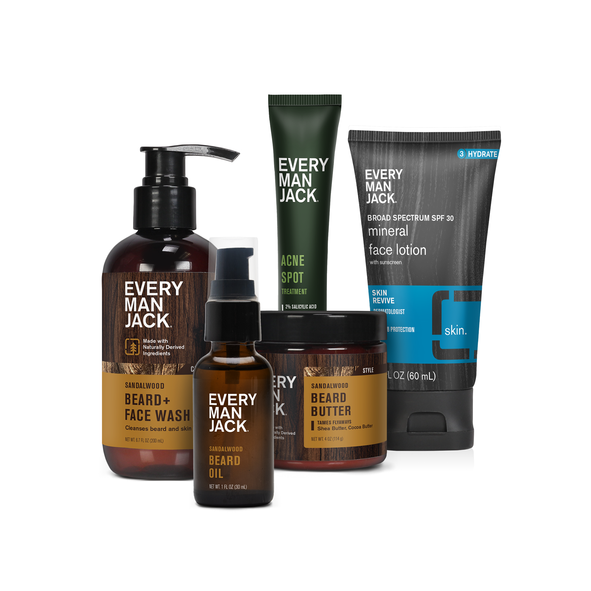 Sandalwood beard care products including beard wash, oil, butter, and face lotion.