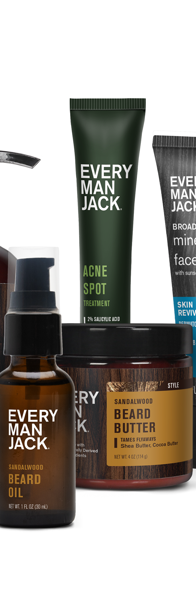 Sandalwood beard care products including beard wash, oil, butter, and face lotion.
