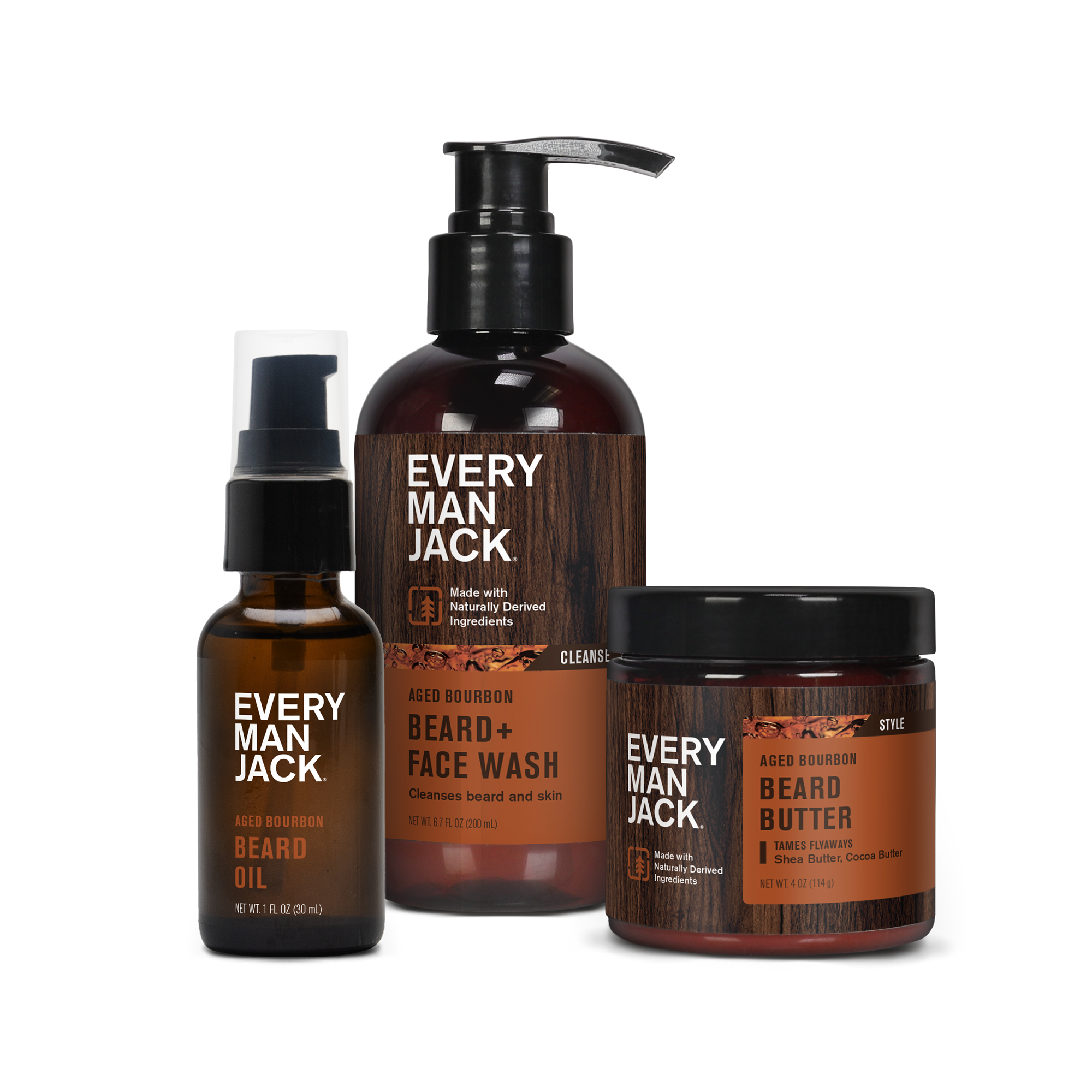 Aged Bourbon Beard Care Starter Bundle including Beard Oil, Beard + Face Wash, and Beard Butter