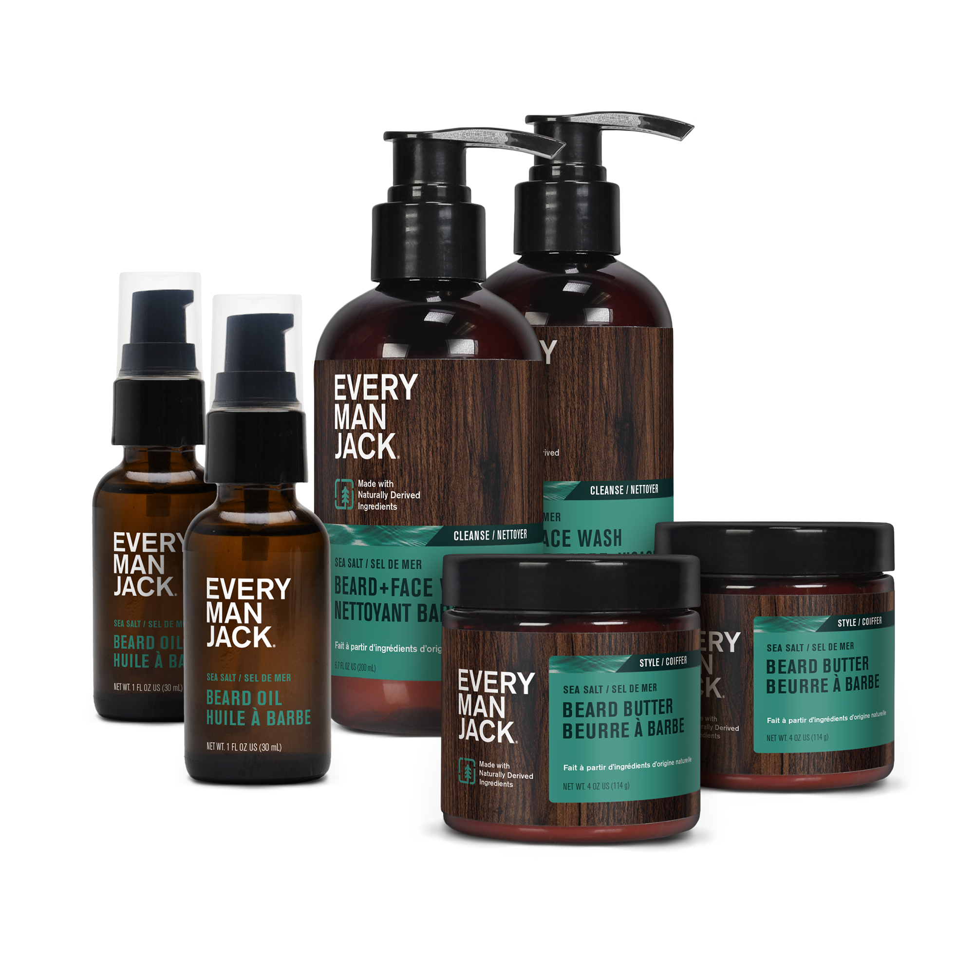 Sea Salt Beard Care Collection including beard oil, beard butter, and face wash.