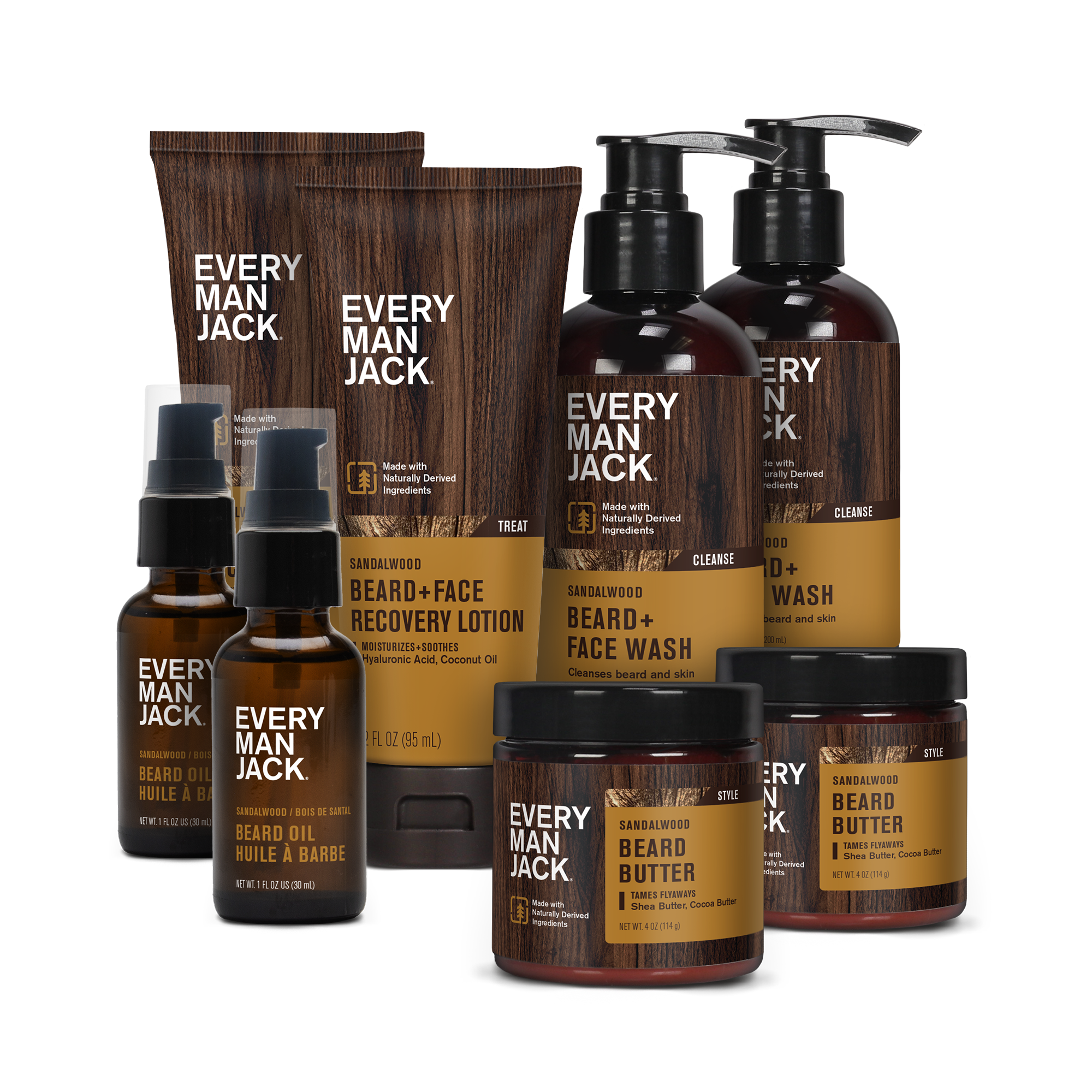 Every Man Jack Sandalwood Beard Care Starter Bundle including beard oil, face wash, and beard butter.