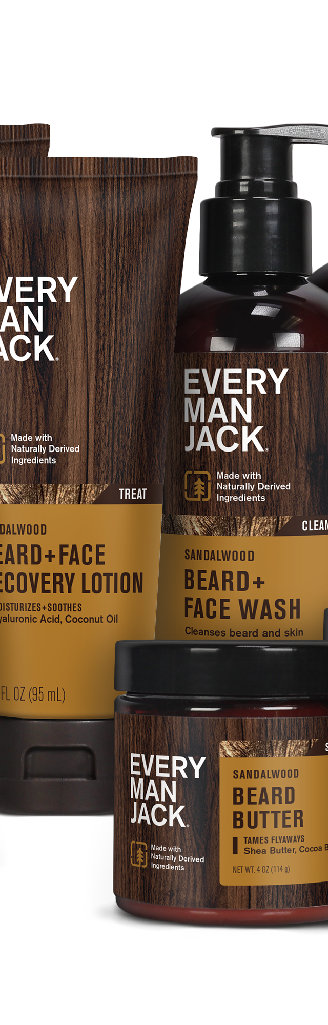 Every Man Jack Sandalwood Beard Care Starter Bundle including beard oil, face wash, and beard butter.
