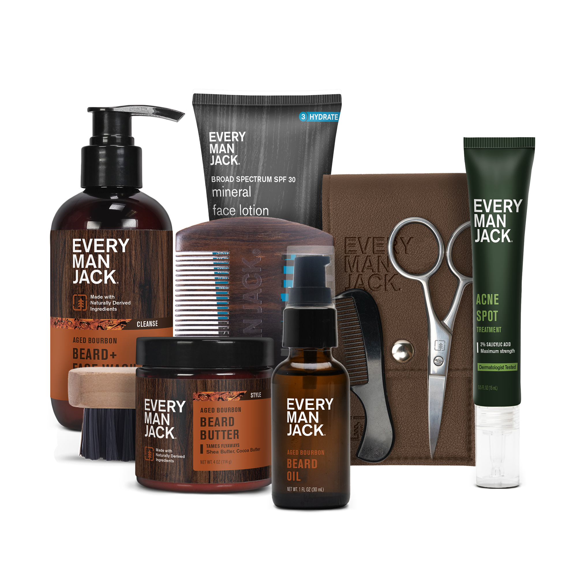 Aged Bourbon Beard + Tools Starter Bundle including beard wash, oil, butter, and grooming tools.