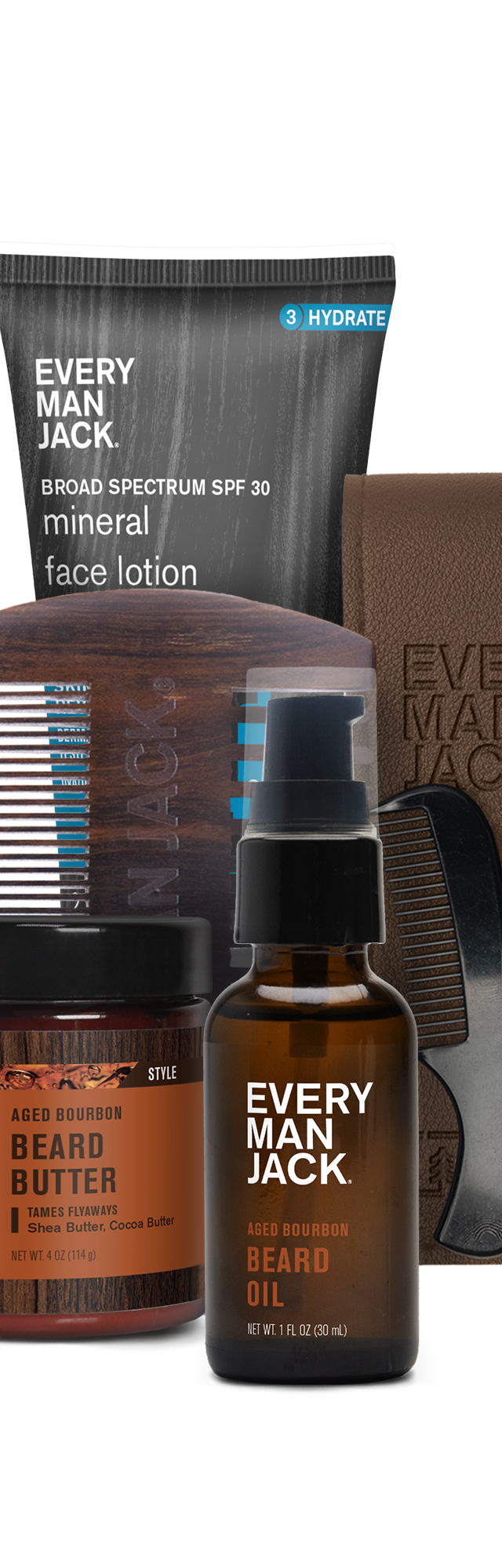 Aged Bourbon Beard + Tools Starter Bundle including beard wash, oil, butter, and grooming tools.