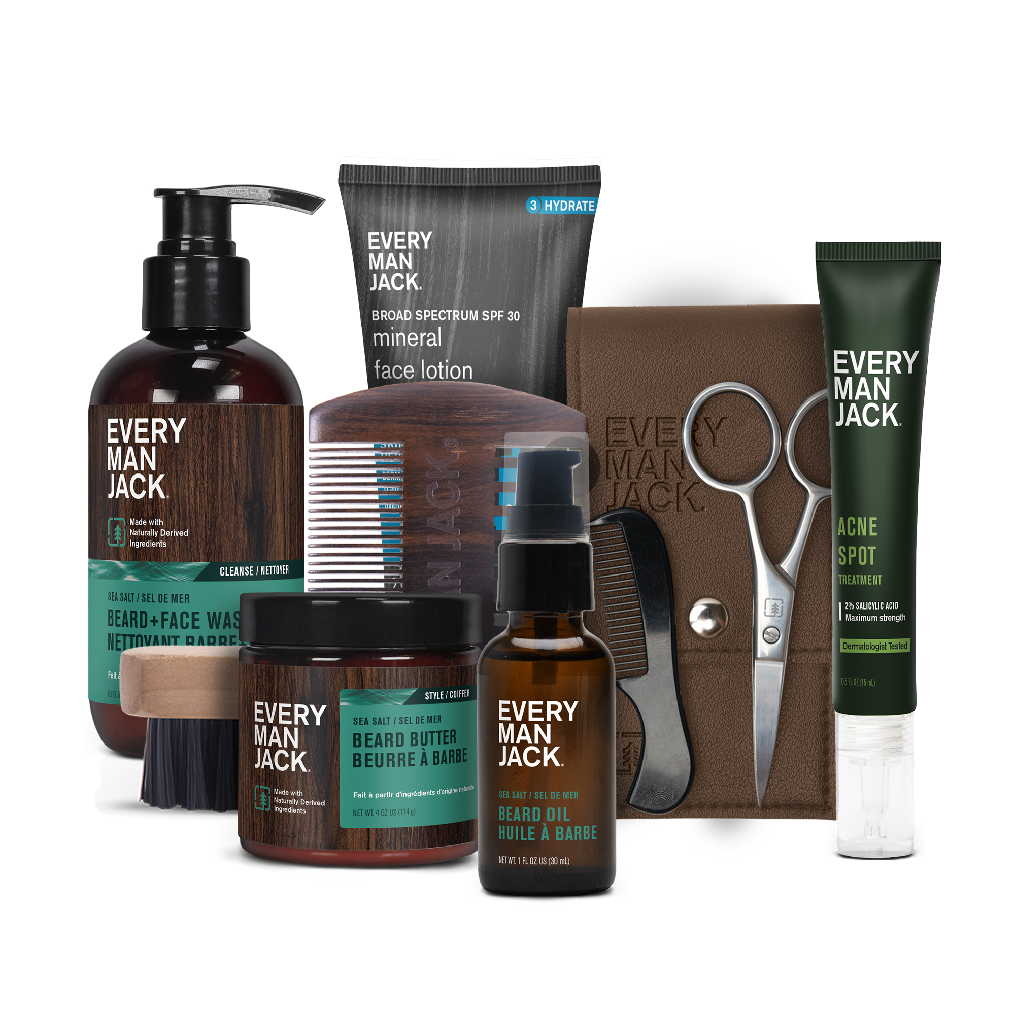 Every Man Jack Deluxe Beard + Face Bundle including beard wash, oil, butter, tools, and SPF lotion, all with Sea Salt scent.