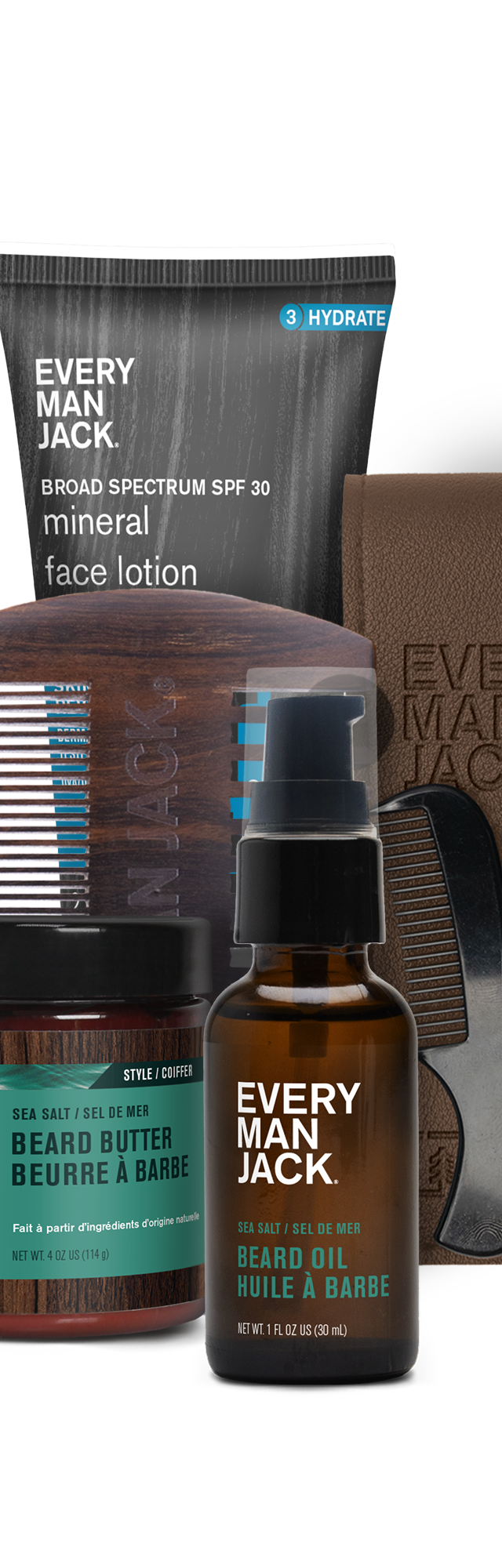 Every Man Jack Deluxe Beard + Face Bundle including beard wash, oil, butter, tools, and SPF lotion, all with Sea Salt scent.